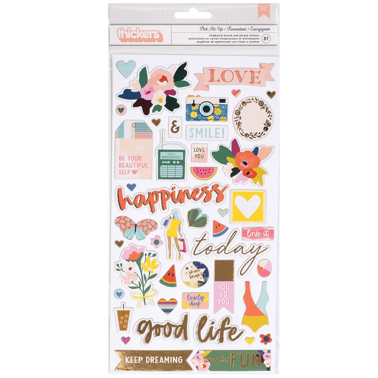 Paige Evans Pick Me Up Thickers Stickers 5.5"X11" 87/Pkg-Icons & Words/Gold Foil Accent Chipboard